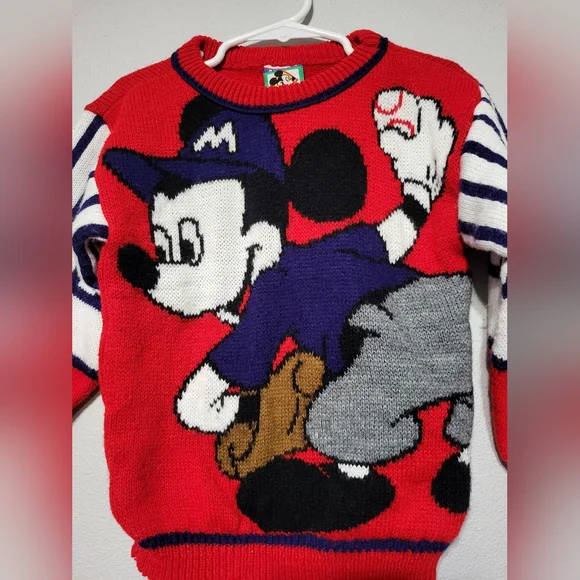 Vintage Disney Mickey Mouse Baseball Knit Red Sweater Kid's Size 4/5